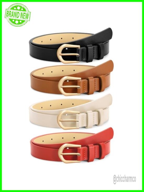 4 Pack Faux Leather Skinny Belts with Gold Buckle for Jeans Dresses